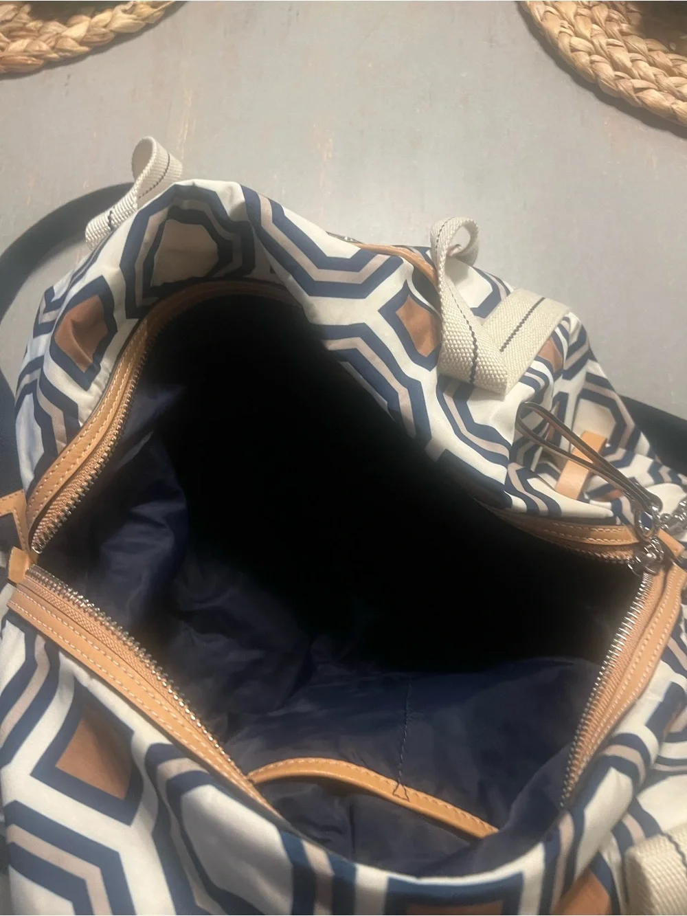 Tory Burch Octagon Print Canvas Travel Bag - Navy, Tan & White
